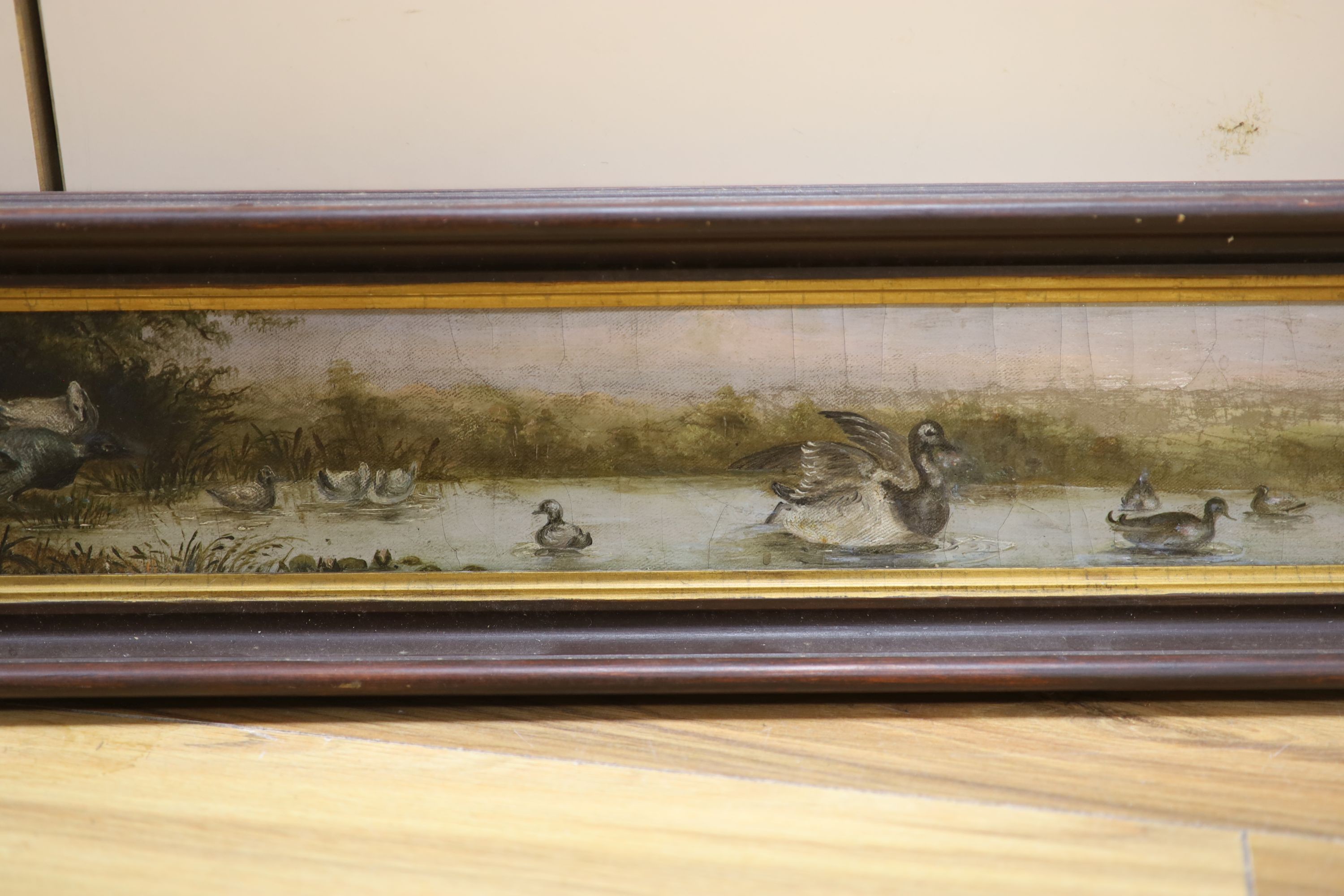 P. Allison Ball, oil on canvas, Waterbirds upon a pond, indistinctly signed, 9 x 84cm